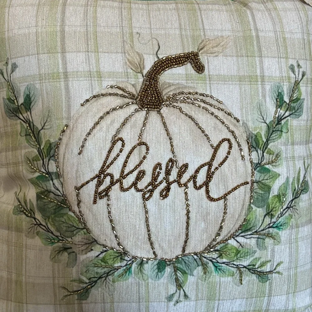 HP-NWT 16x16 Soft Green & Cream Plaid- Blessed Beaded Pumpkin Decorative Pillow
